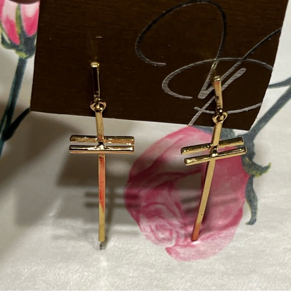 New La Volpe 2.5” Gold Tone Dangling Cross Shape Earrings - Picture 5 of 10